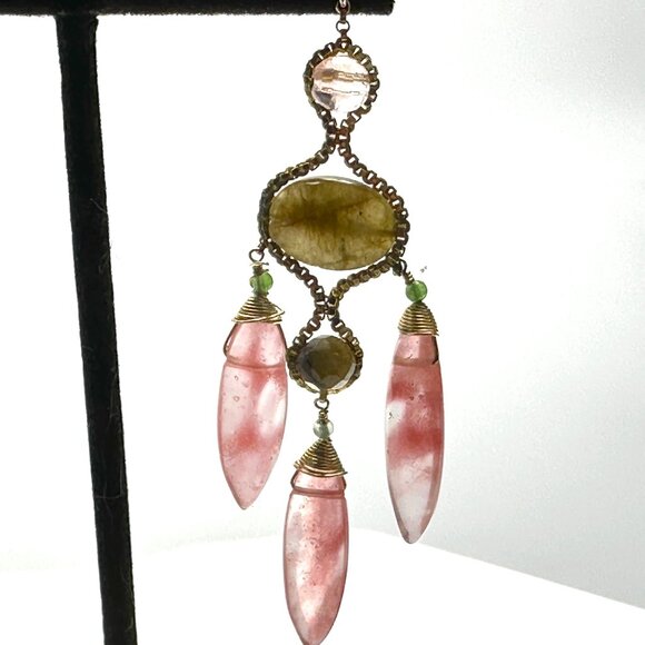 Vintage 14kGF Rutilated Green & Cherry Quartz Drop Statement Earrings Signed EUC - Picture 4 of 4